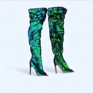 Sequined Over-the-Knee High Heel Boots in Iridescent Green-Blue